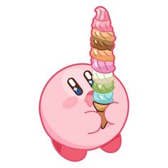 an ice cream cone sitting on top of a pink pig's head with its eyes closed