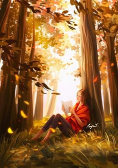 a painting of a woman sitting on the ground reading a book in an autumn forest