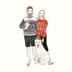 a man and woman standing next to a white dog wearing christmas sweaters with their arms around each other