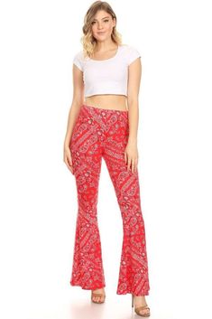 Bandana printed hippie flares are awesome. Elastic waist. The fit is great. poly/spandex. Printed Flare Pants, Flared Leggings, Flare Pant, Red Bandana, Bell Bottom Pants, Bandana Print, Boho Print, Bell Bottom, Womens Loungewear