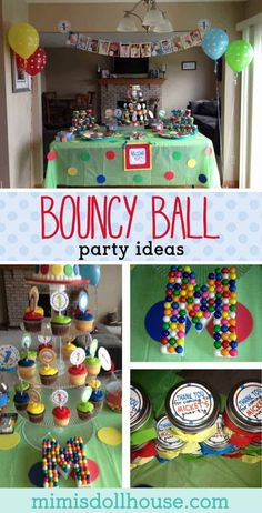 an image of a party with balloons and cupcakes on the table for bouncey ball