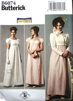 This is a SEWING PATTERN! Not a completed garment! Also please read the pattern back carefully and compare your measurements to the pattern sizing! Every pattern maker's sizing can be different! Don't 'assume' your pattern size and order the wrong sizing! Butterick B6074 - This costume sewing pattern is now OUT OF PRINT but it has now been reissued/re-released as McCall's M8132 Misses' English Regency or French Empire Dress, Jacket, Purse and Hat Trim. Perfect for a Jane Austin era costume! Two Wedding Dress Corset Top, Extravagant Costumes, Regency Dress Pattern, Regency Costume, Regency Dresses, Period Fashion, Empire Waist Wedding Dress, Costume Sewing, Regency Gown