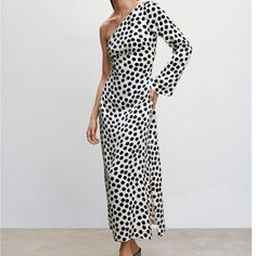 Never Worn Polka-Dot Asymmetrical Dress Still Available On Mango’s Site For $129.99! Flowy Fabric. Asymmetric Design. Straight Design. Long Design. Spots Print. Asymmetrical Neckline. Long Flared Sleeve. Side Zip Fastening. Gathered Details. Ref. 47025858-Circle-Lm Chic White One-shoulder Dress With Asymmetrical Hem, Chic Maxi Dress With Asymmetrical Neckline, White One-shoulder Maxi Cocktail Dress, White Maxi Dress With Asymmetrical Hem For Night Out, Chic One-sleeve Dress, Chic One Sleeve Dress, Chic One Sleeve Midi Cocktail Dress, White Chic Midi Dress With Asymmetrical Neckline, White Maxi Dress With Asymmetrical Neckline For Cocktail