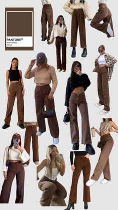 #brownoutfit #brownaesthetic #browndenim Outfit With Brown Pants Womens, Outfits To Wear With Brown Pants, Business Casual Outfits Brown Pants, Style With Brown Pants, Outfit With Brown Trousers, Brown Pants Summer Outfit, Brown Jean Outfits For Women, Brown Leather Pant Outfits, Wide Brown Pants Outfit