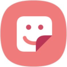 a pink and white square with a smiling face on the bottom right corner is a red circle