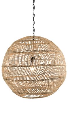 a light that is hanging from a chain on a white wall and has a circular rattan design