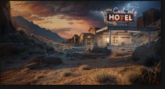 an image of a motel in the desert at night with storm clouds and lightning above it