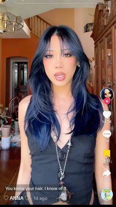 Blue Hair Curtain Bangs, Blue Layered Hair, Dark Blue Hair Tan Skin, Dark Hair With Blue Highlights, Dark Blue Hair No Bleach, Navy Blue Hair Color, Asian Blue Black Hair, Dark Blue Highlights, Blue Split Dye Hair