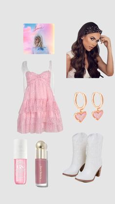 a woman's outfit and accessories including boots, nail polish, lipstick, bracelets