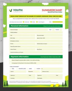 the summer camp registration form is shown in green and yellow colors, with trees on it