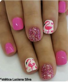 Flamingo Nails Designs, Flamingo Nail Art, Kids Nails, Tape Nail Art, Beachy Nails, Watermelon Nails