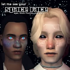 two young people with blue eyes and white hair are staring at the camera in front of stars