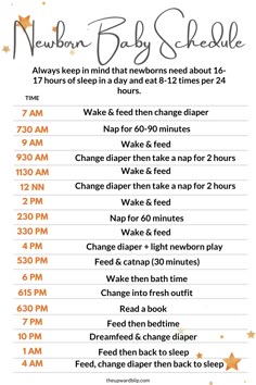 a baby schedule for newborns and toddlers with orange stars on the back ground