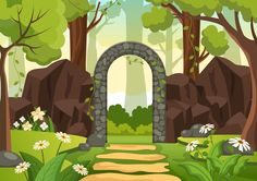 a stone arch in the middle of a forest with flowers and rocks on either side