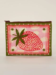 pink, red, and green zipper bag with image of a large strawberry on it. Dog Beer, Wine Book, Towel Weaving, Eco Friendly Accessories, Blue Q, Zipper Pouches, Plant Lover Gift, Zipped Bag, The Grass