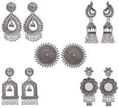 six pairs of silver colored earrings with intricate designs on the front and back, all in different shapes and sizes