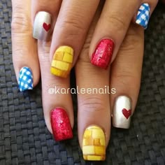 Wizard of oz nails by me Wizard Of Oz Nail Art, Wizard Of Oz Nails Designs, Dorothy Nails, Wizard Of Oz Nails, Bling Manicure, Wizard Of Oz Wedding, Color Manicure, Spring Manicure, Holiday Manicure