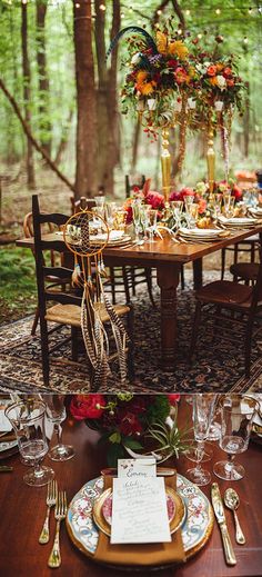 the table is set for dinner in the woods with flowers and greenery on it