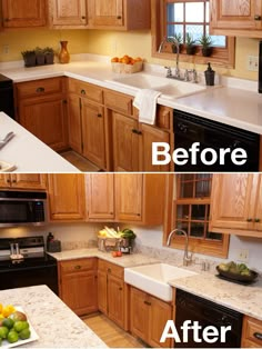 before and after pictures of a kitchen with wood cabinets, white counter tops, and black appliances