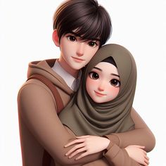 two people are hugging each other in this animated image, one is wearing a hijab and the other has a scarf on her head