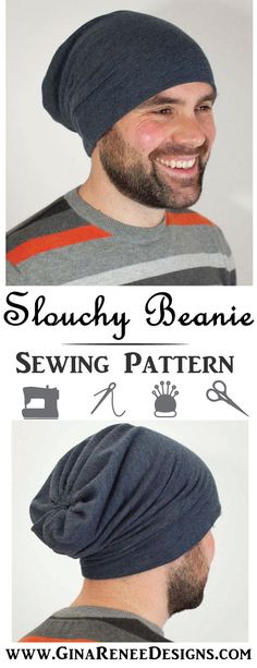 a man wearing a beanie hat with the words, simply beanie sewing pattern