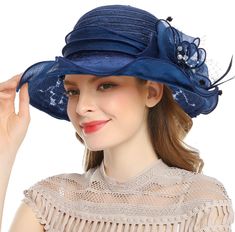 PRICES MAY VARY. 【WOMENS FASHION SUN HAT】: The sun hat is made of l lace,polyester and organza. It is breathable and comfortable to wear, can protect your head, face, and neck from sunshine. 【ORGANZA BEACH SUN HAT SIZE】: This fascinator cap for women is suitable for head circumference 56-58cm/22.04-22.83inch, Wide Brim 8.5cm/3.34 inch,hat height:11cm/4.33inch. Inside sweatband drawstring can adjustable to size-fit to your head. 【FOLDABLE&FASHION LOOK】Outstanding flower decoration,handmade of del Womens Tea, Derby Hats Fascinators, Wedding Hat, Wide Brim Sun Hat, Kentucky Derby Hat, Wedding Hats, Derby Hats, Wide Brimmed Hats, Caps For Women