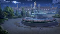 an artistic painting of a fountain in front of a castle