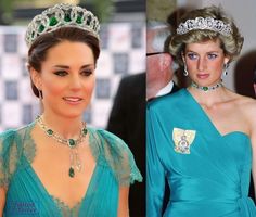 two pictures of the same woman in blue dresses and tiara, one is wearing an emerald