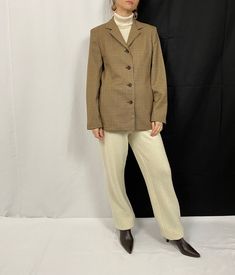 "Plaid Wool Blazer for Women Size S - M | Beige Wool Blazer with pockets and fully lined. Composition: 100% wool. Lining: 100% rayon. Measurements of the wool blazer lying flat: Armpit to armpit: 49 cm | 19.3\" Length: 68 cm | 26.8\" Sleeves: 59 cm | 23.2\" Shoulder to shoulder: 40 cm | 15.7\" In excellent vintage condition. This beige plaid blazer is photographed on a size S model (bust: 88 cm|35\", waist: 68|26\" cm, hips: 88 cm|35\", height: 1,68 m|5.5ft) The white wool pants are handmade by Classic Single Breasted Cream Tweed Jacket, Classic Single-breasted Cream Tweed Jacket, Classic Cream Single-breasted Tweed Jacket, Classic Beige Tweed Jacket With Notch Lapel, Classic Beige Single Breasted Tweed Jacket, Classic Cream Suit For Workwear, Classic Cream Suit For Work, Classic Cream Suits For Workwear, Retro Single Breasted Beige Blazer