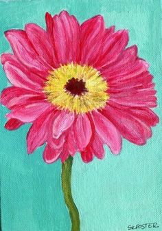 a painting of a pink flower with yellow center on a blue background, painted in acrylic