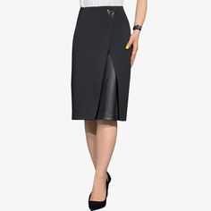 Pencil Skirt With Faux Leather - Yacine & Me Elegant Asymmetrical Skirt For Night Out, Sleek Knee-length Lined Skirt, Sleek Knee-length Faux Leather Skirt, Elegant Fitted Wrap Skirt For Night Out, Elegant Wrap Skirt For Night Out, Sleek Asymmetrical Lined Skirt, Fitted Leather Pencil Skirt In Modern Style, Leather Pencil Skirt For Work, Fitted Modern Leather Pencil Skirt