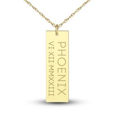 A shimmering high-polish dog tag pendant is personalized with name and numbers of your choice in this meaningful men's pendant necklace. Fashioned in 14K yellow gold, the 22-inch rope chain secures in place with a lobster clasp. Anniversary Jewelry Dog Tag With Engraved Text, Anniversary Jewelry Engraved Dog Tag, Anniversary Dog Tag Jewelry With Engraved Text, Gold Dog Tag Necklace Laser Engraved, Gold Laser Engraved Dog Tag Jewelry, Gold Laser Engraved Dog Tag Necklace, Gold Rectangular Necklaces With Engraved Text, Gold Rectangular Necklace With Engraved Text, Gold Rectangular Jewelry With Engraved Text