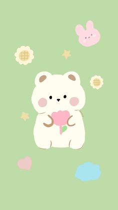 a white teddy bear holding a heart in its paws with flowers and stars around it