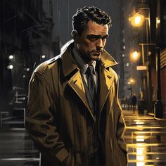 a painting of a man in a trench coat standing on a city street at night