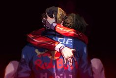 two people hugging each other in front of a black background with red and blue colors