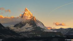 a painting of a mountain peak with an airplane flying over it