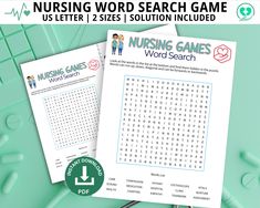 the nursing word search game is shown on top of a green background with medical symbols