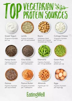 the top vegetarian protein sources are shown in bowls and labeled with different types of beans