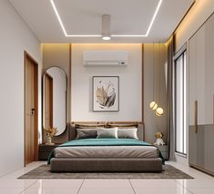 a bedroom with a bed, mirror and two lights on the wall next to it