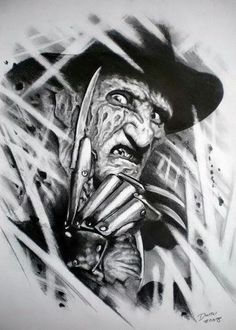 a black and white drawing of a man in a hat with a knife on his face