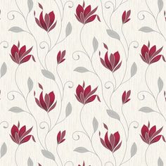 a red and grey floral wallpaper with leaves on the bottom half of each flower