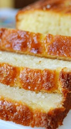 slices of pound cake sitting on top of a white plate