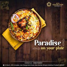 an advertisement for paradise on your plate featuring chicken and rice in a bowl with mustard