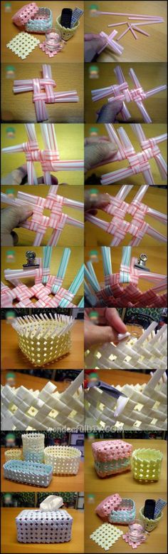 several pictures of different objects that are being made out of plastic straws and paper