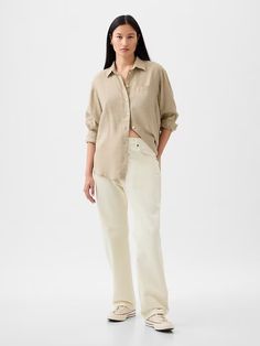 100% Linen Big Shirt | Gap Tan Oversized Button Up Shirt Outfit, Gap Linen Summer Shirt, Gap Linen Spring Shirt, Gap Linen Shirt For Spring, Spring Linen Shirt By Gap, Gap Linen Button-up Shirt, Gap Linen Shirt With Relaxed Fit, Gap Summer Tops With Spread Collar, Gap Relaxed Fit Linen Shirt