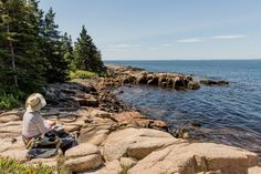 a person sitting on some rocks by the water and looking out at the ocean with trees in the background