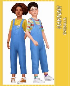 two children are wearing overalls and standing next to each other in front of a yellow frame