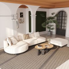 a living room with white furniture and green doors