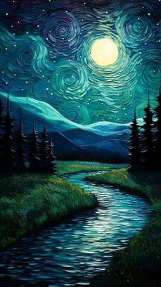 a painting of a river and trees under a night sky with stars, moon and clouds