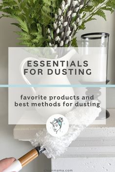 a person holding a brush near a vase with flowers in it and the words essentials for dusting favorite products and best method for dusting